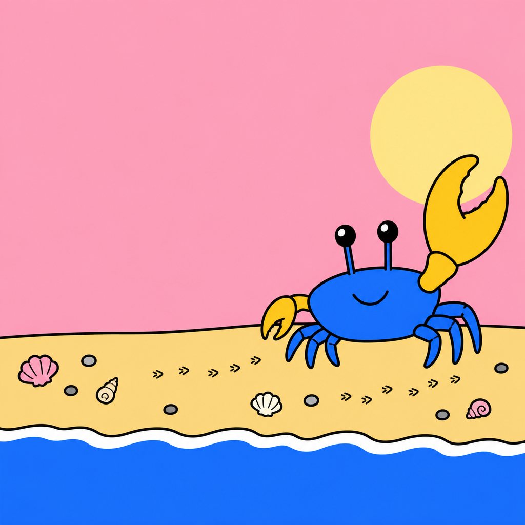 Fabio, a blue fiddler crab with one big yellow claw, waving on a pink beach